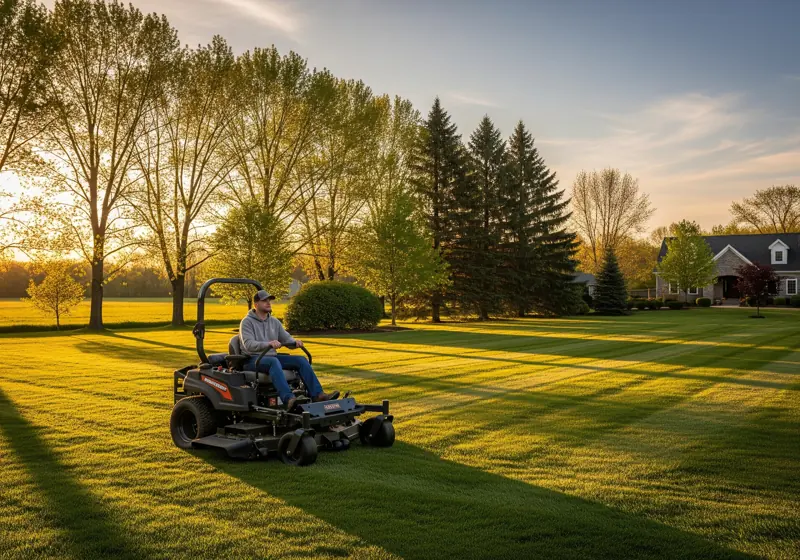 Gas riding lawn mower being operated on large residential property showing efficiency for big yards