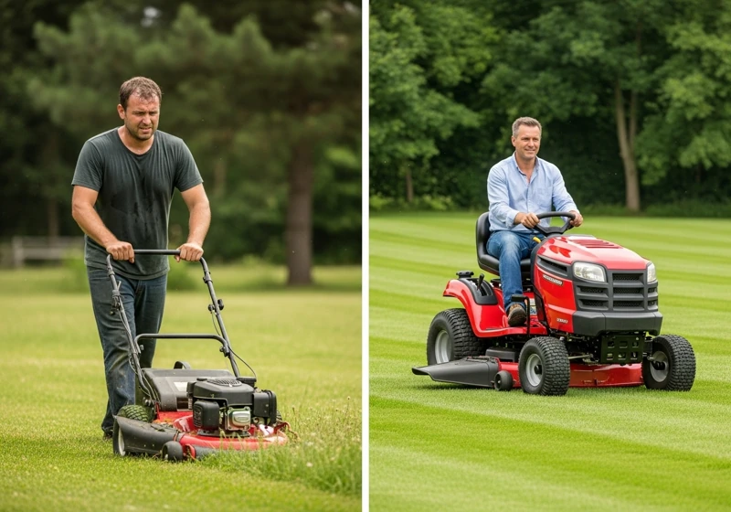A split image contrasting the effort of pushing a walk-behind mower with the ease and speed of using a riding lawn mower, highlighting efficiency gains.