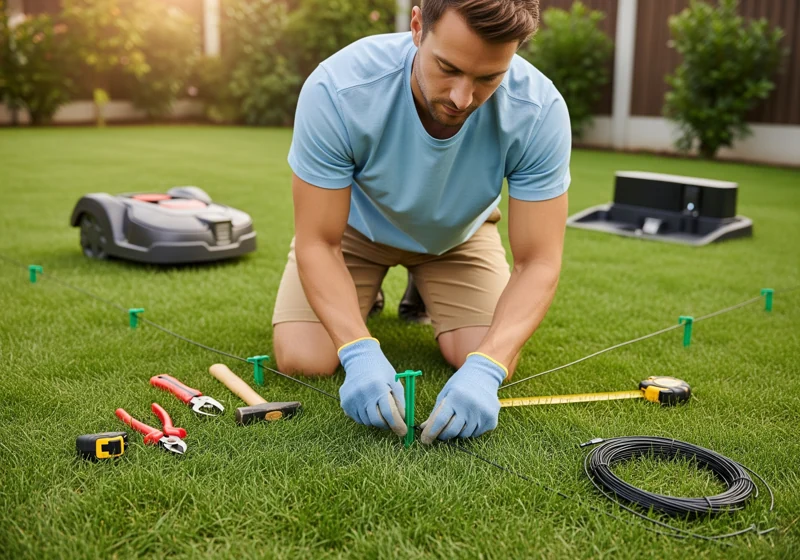 DIY robot lawnmower installation showing boundary wire setup and charging station placement
