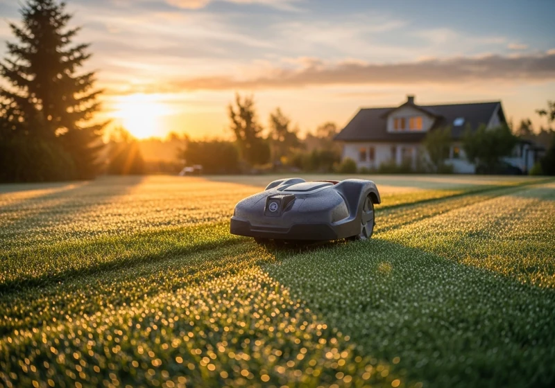 Robot lawnmower cutting grass in early morning with optimal lighting conditions