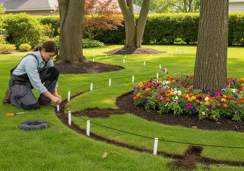 Homeowner installing boundary wire for robotic lawn mower navigation system