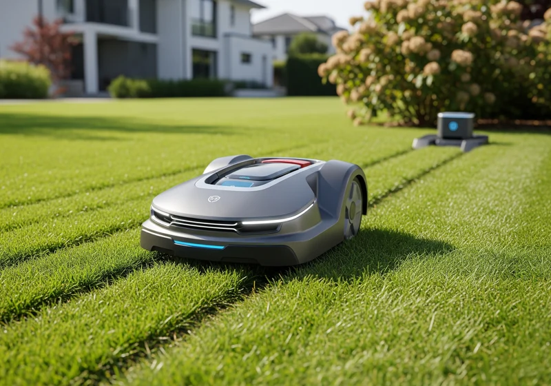 Autonomous robotic mower cutting grass automatically with charging station
