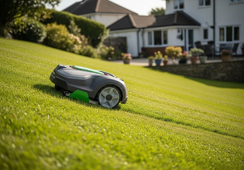 Robotic lawn mower cutting grass on sloped yard showing slope handling capability