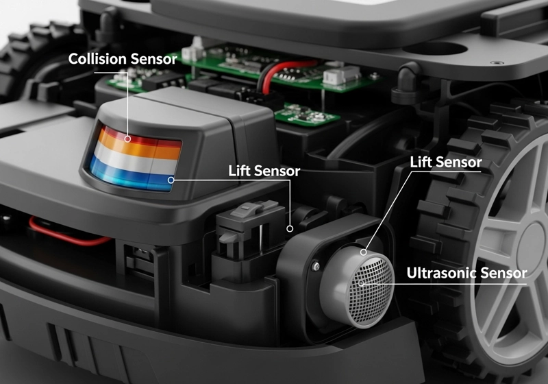 Close-up of robotic lawn mower sensors including collision and lift detection systems