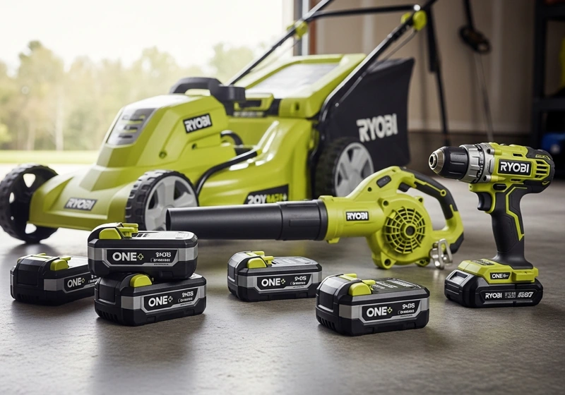 Ryobi ONE+ cordless lawn mower and tools sharing interchangeable battery system