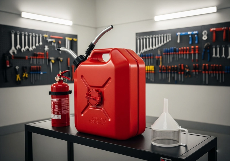 Proper gas storage setup with approved containers and safety equipment in ventilated area