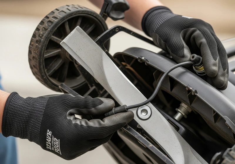 Inspecting gas lawn mower blade condition during routine maintenance with safety precautions