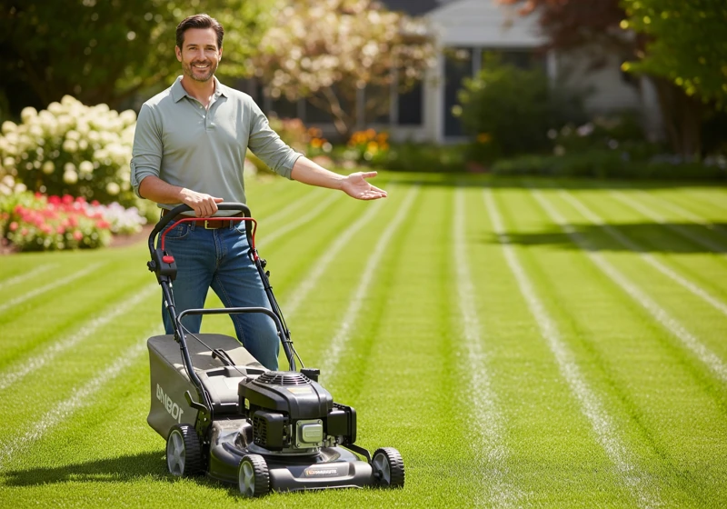Happy homeowner with well-maintained lawn showing successful mower selection results