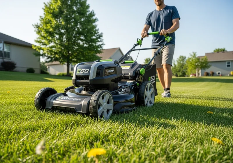 Self-propelled electric lawn mower demonstrating ease of use on sloped terrain