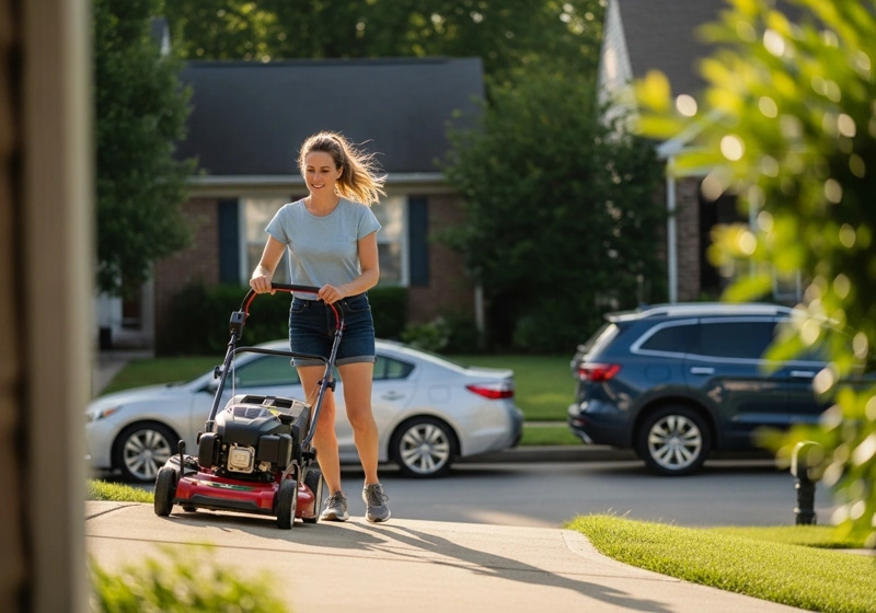 Self propelled lawn mower being used on slope showing drive system and ease of operation
