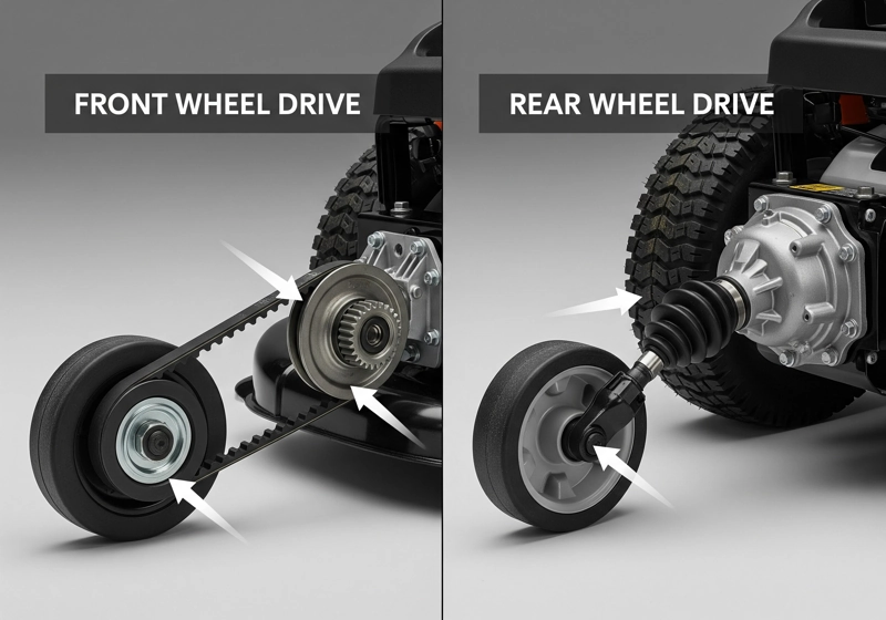 Comparison of front wheel drive versus rear wheel drive systems on self-propelled gas lawn mowers