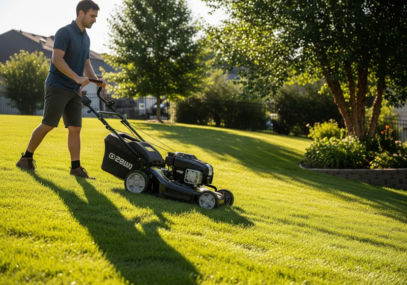 Homeowner using self-propelled lawn mower on sloped yard showing ease of use