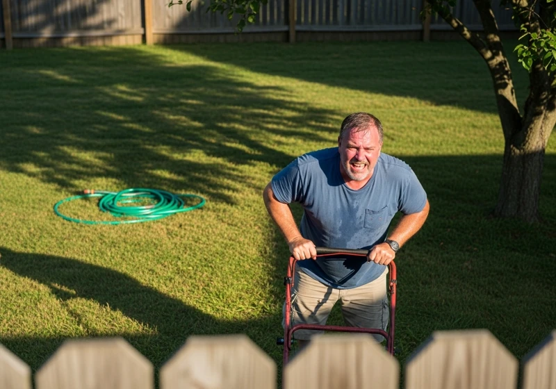 Comparison showing easier lawn mowing with self propelled mower versus manual push mower