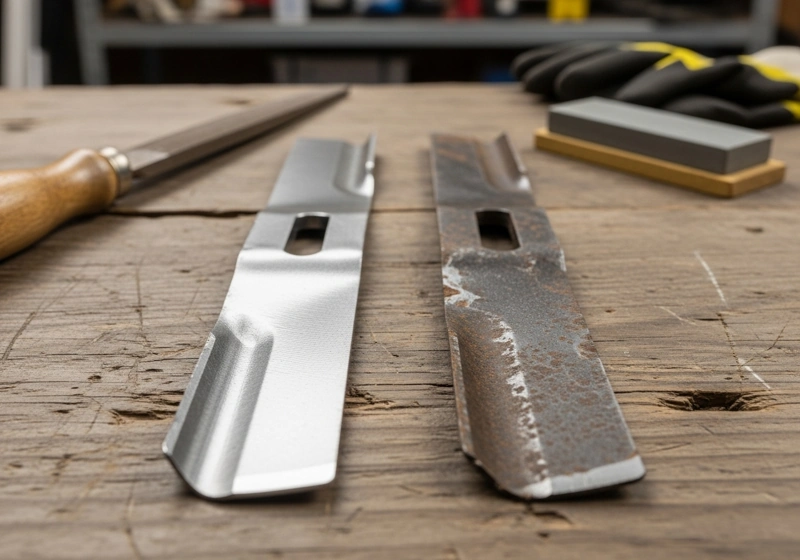 Comparison of sharp and dull lawn mower blades showing importance of regular blade maintenance