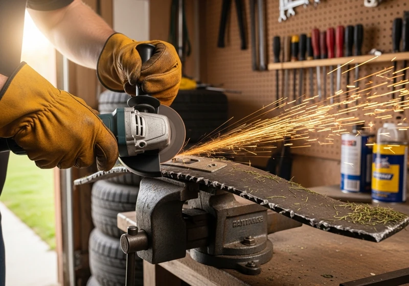Homeowner demonstrating how to sharpen zero turn mower blades using angle grinder at correct angle in garage workshop vise