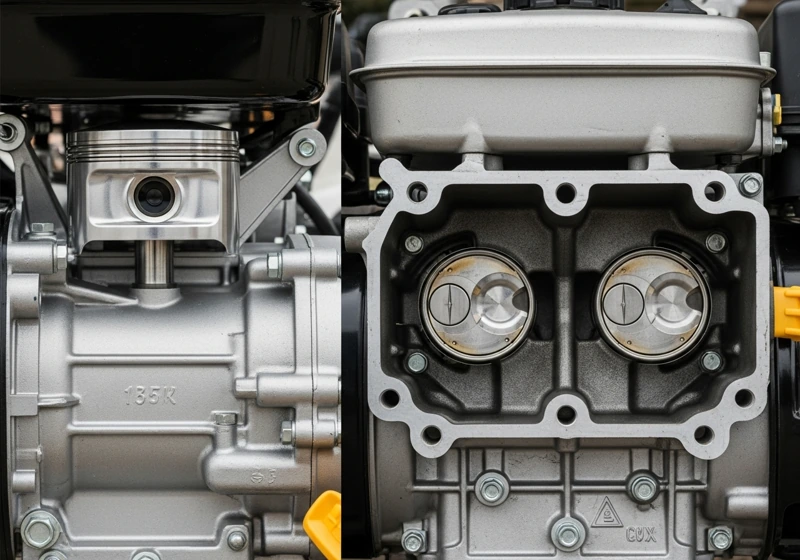 A close-up photo comparing a single-cylinder mower engine with a twin-cylinder engine, illustrating their structural differences.