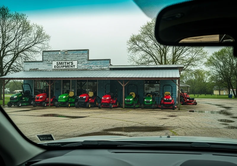 rural equipment dealer showing various riding lawn mowers for sale outdoors