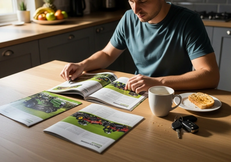 handwritten notes comparing riding lawn mower models and prices while shopping