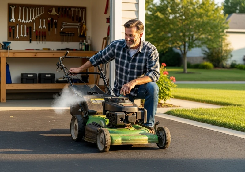 Homeowner successfully starting repaired lawn mower after completing DIY troubleshooting and repairs