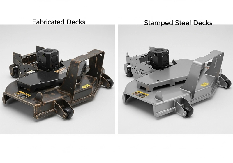 A comparative image illustrating the construction differences between a fabricated mower deck and a stamped one, highlighting their durability.