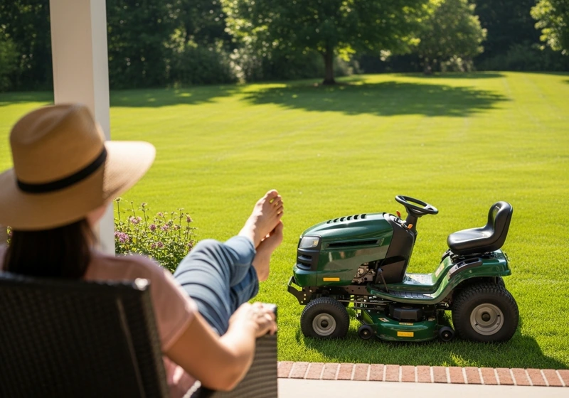 A person enjoying a clean, well-maintained lawn, with their riding mower visible in the foreground, symbolizing the successful outcome of choosing the right equipment.