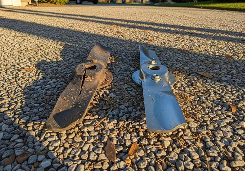 Comparison showing damaged worn zero turn mower blade with cracks and wear versus newer blade highlighting when to replace instead of sharpen