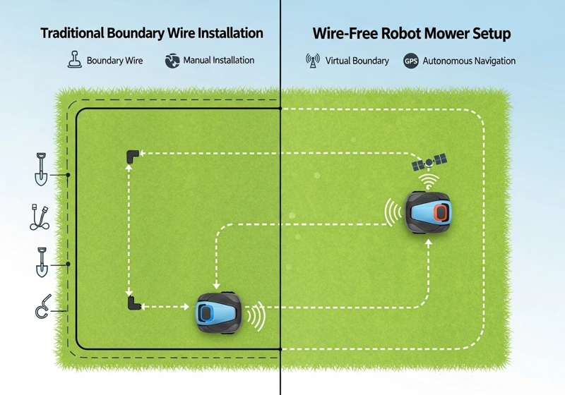 Comparison between traditional boundary wire robot mower installation and modern wire-free technology