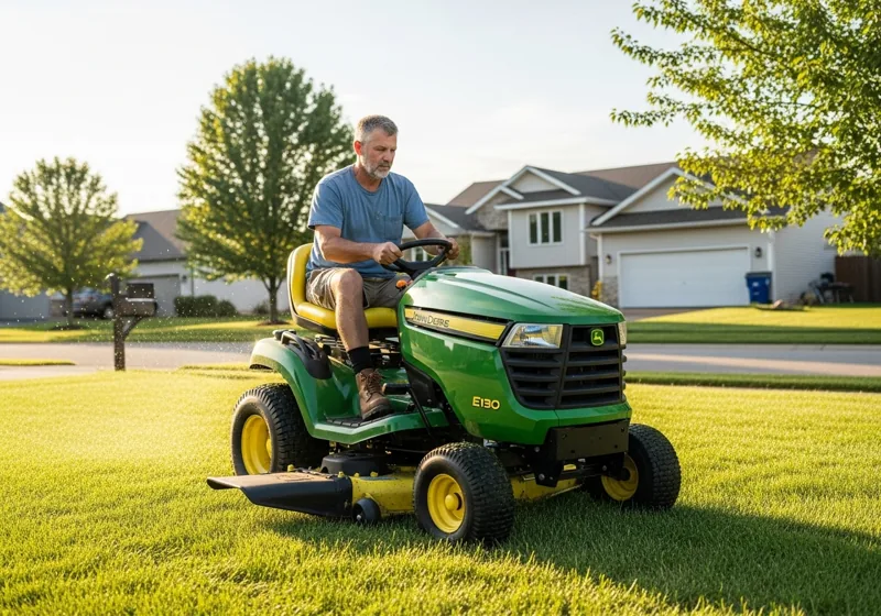 teenager operating entry level riding lawn mower in suburban backyard