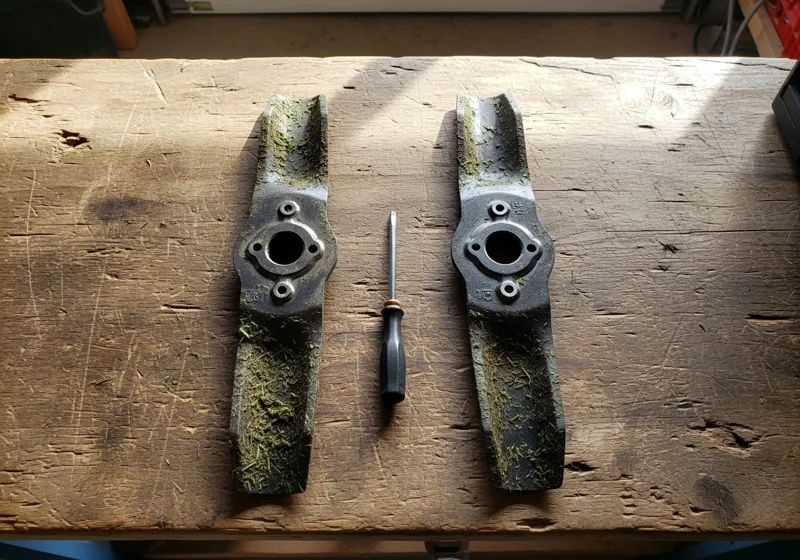 Detailed comparison of mulching and high-lift zero turn mower blades showing different cutting edge designs and sail heights on workshop table