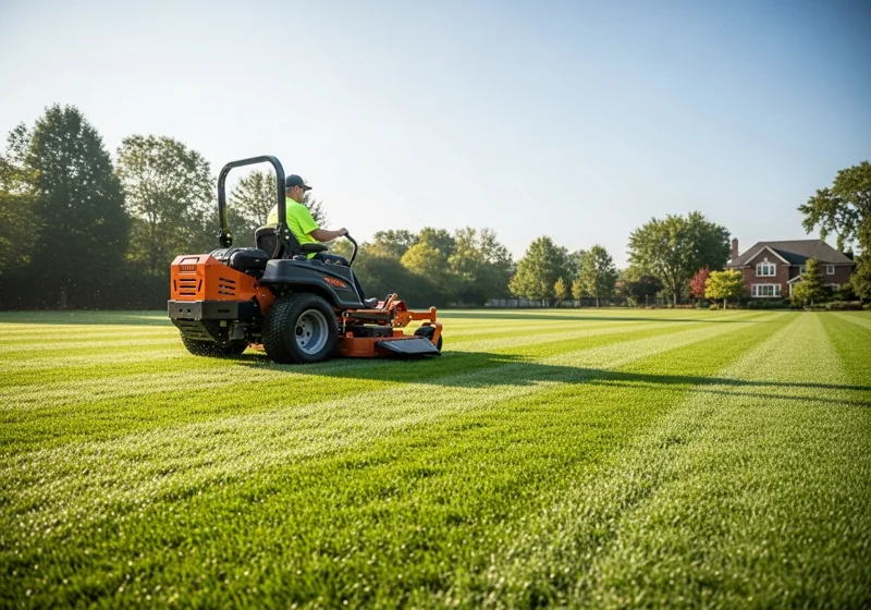 A photo of a modern zero-turn mower efficiently cutting grass, leaving straight, professional-looking stripes on a green lawn.