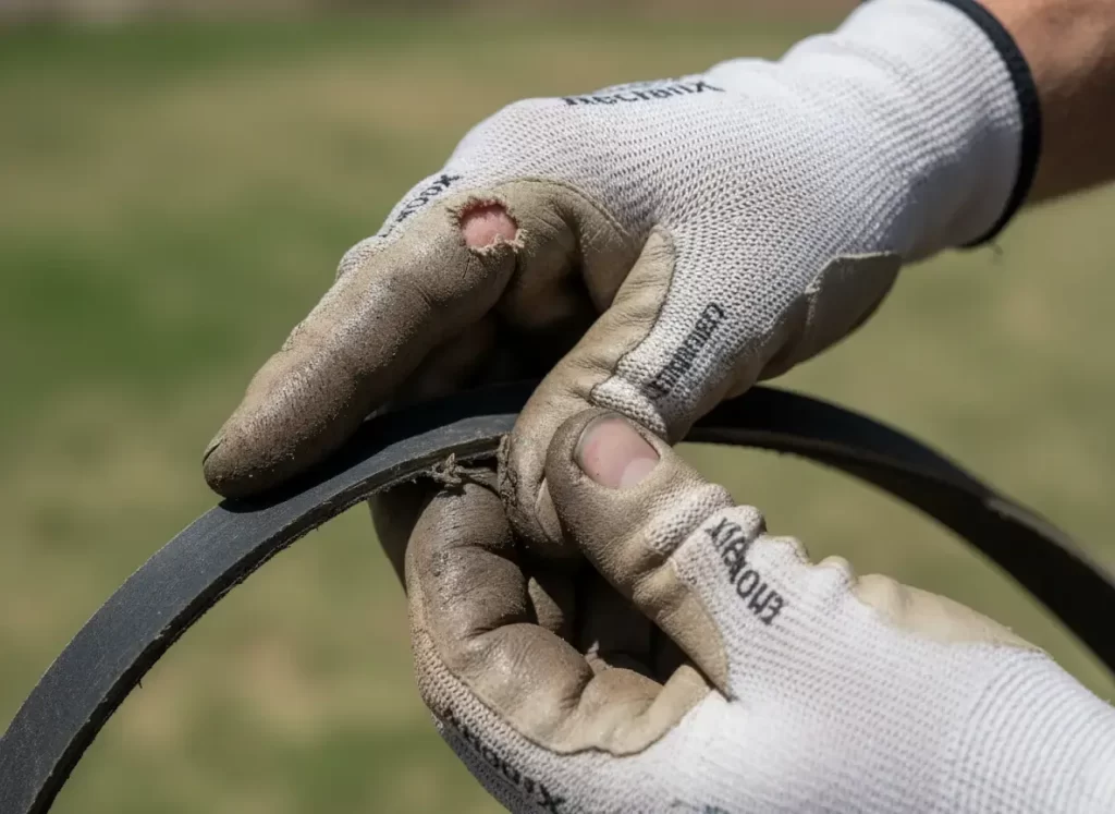 Real worn belt with cracks in mechanic's hands