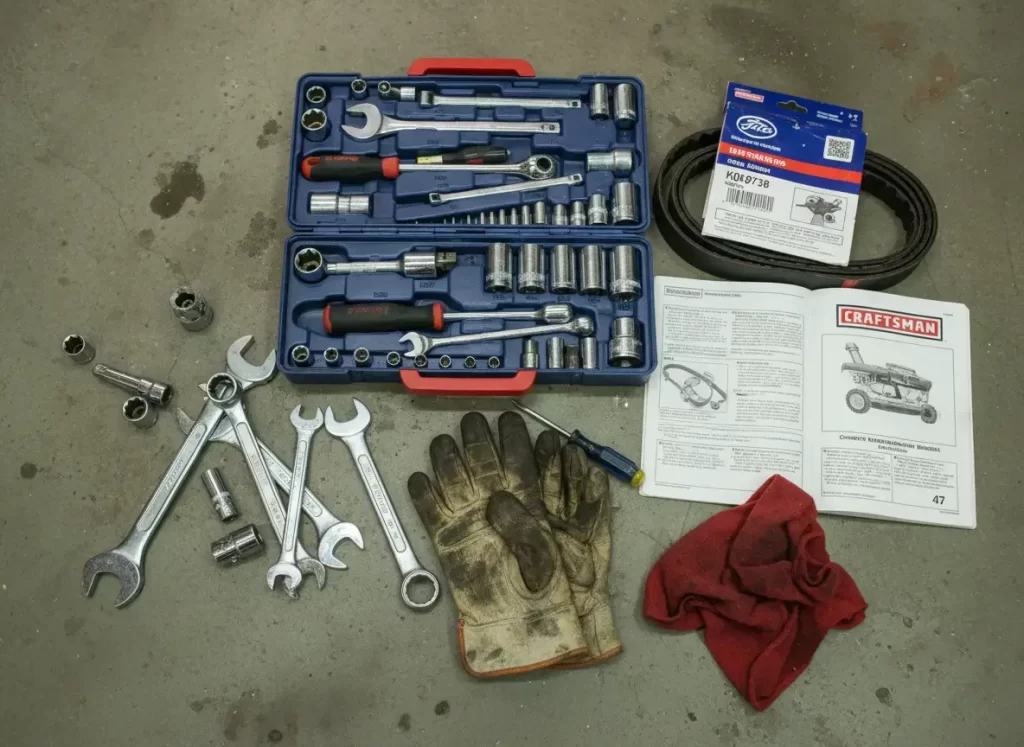 Real tool set on garage floor for mower repair