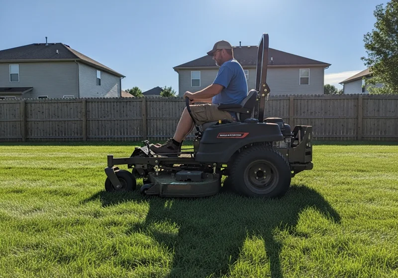 Homeowner operating zero-turn mower with Briggs and Stratton engine cutting suburban lawn