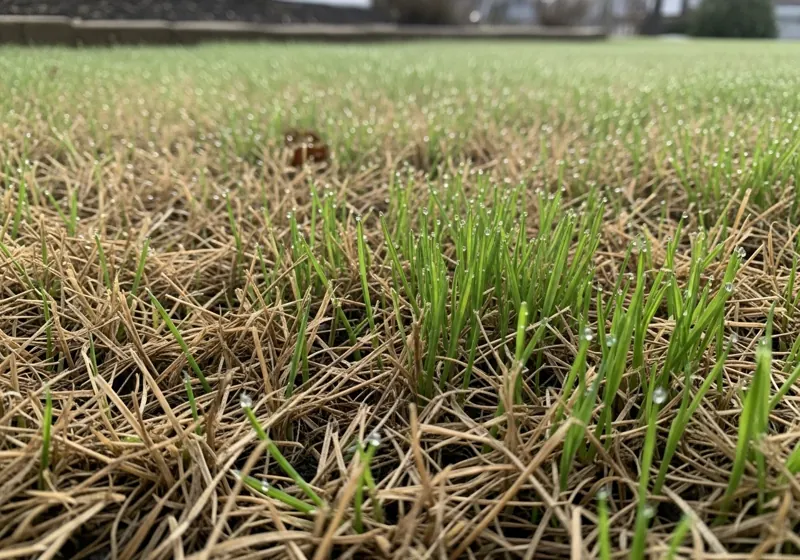 Homeowner hand holding soil thermometer in grass measuring 50 degrees Fahrenheit to determine spring lawn care timing