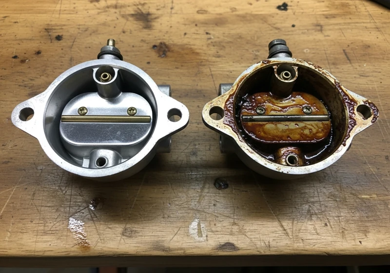 Side by side comparison of clean and varnish-covered dirty carburetor float bowls on workshop bench