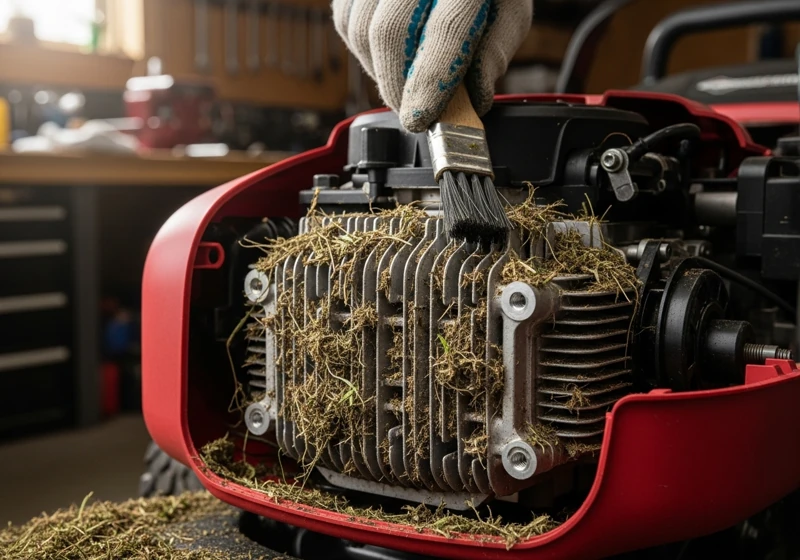 Grass clippings and debris blocking cooling fins on lawn mower engine