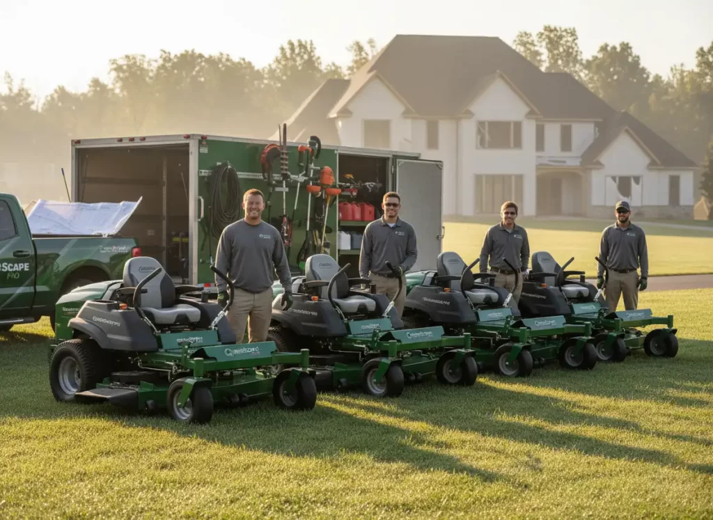 Professional landscaping crew with commercial mower fleet showing business equipment investment