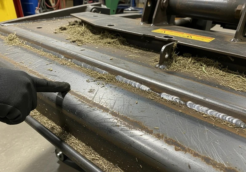 Close-up comparison of heavy-duty commercial lawn mower deck versus residential mower showing construction differences