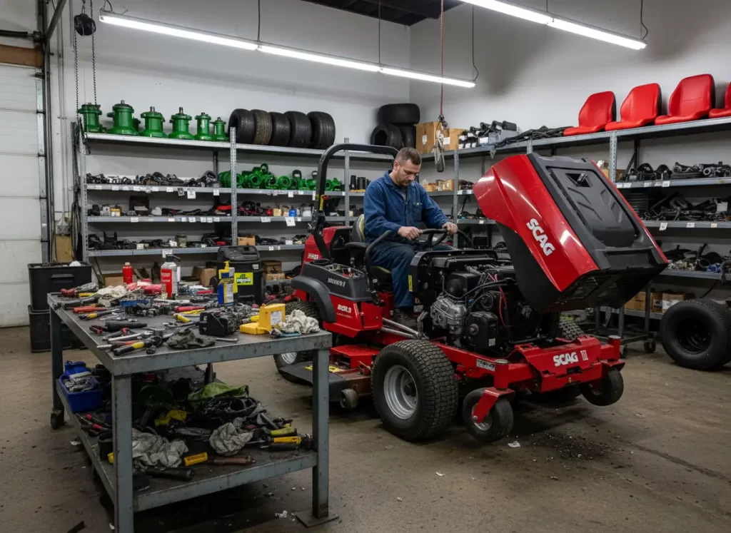 Professional mechanic servicing commercial zero turn mower in dealer service department