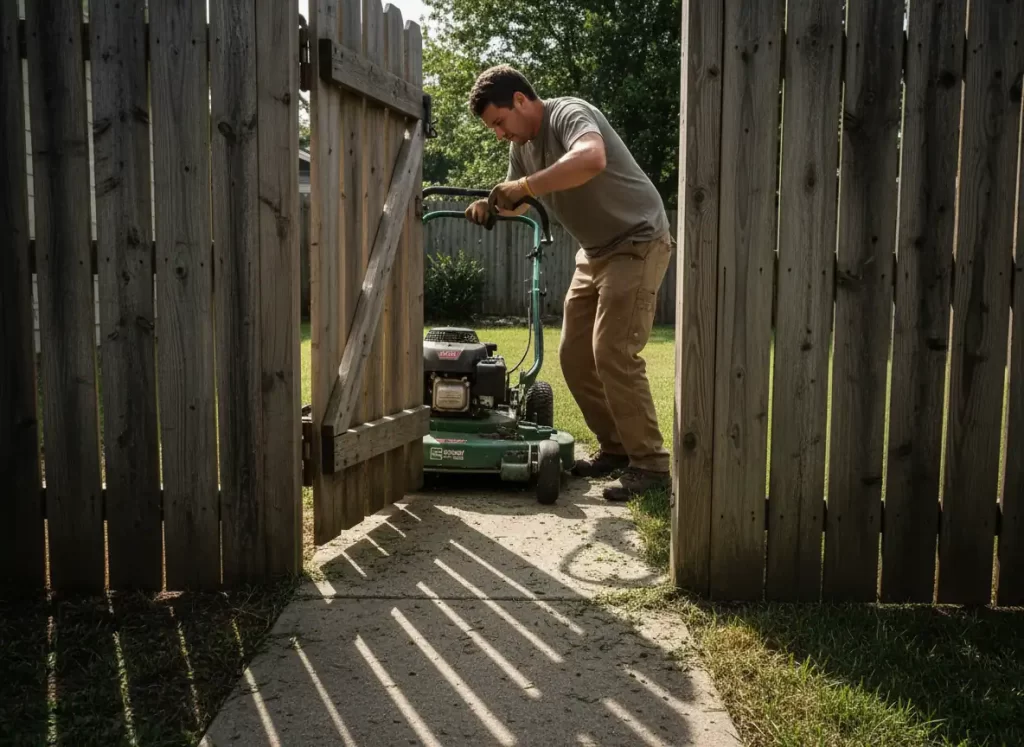 Landscaper maneuvering commercial walk behind mower through narrow residential gate