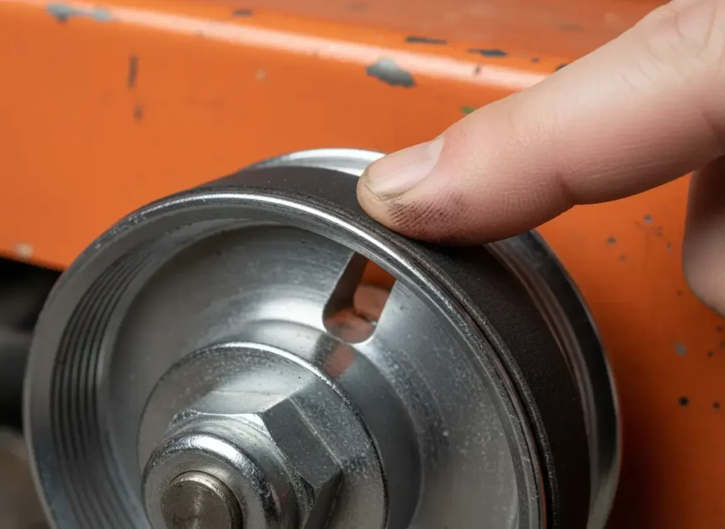 Real belt incorrectly seated on pulley close-up