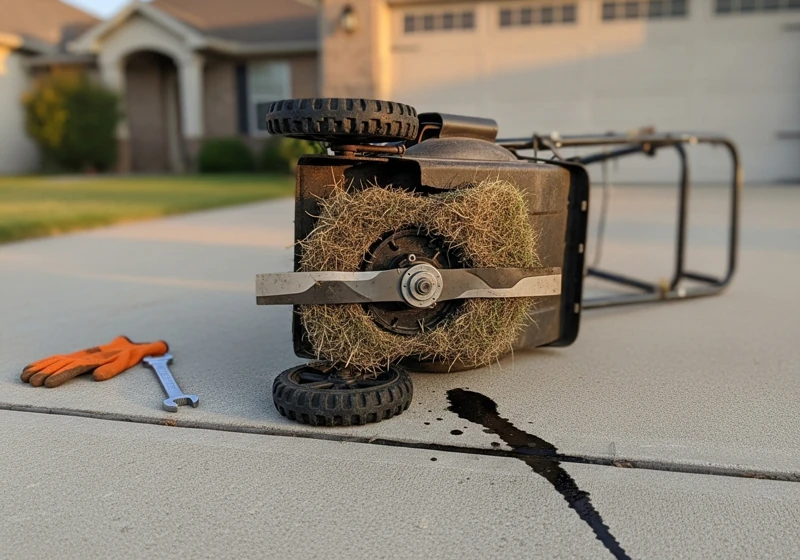 Lawn mower deck showing bent blade and grass buildup causing engine problems and loss of power