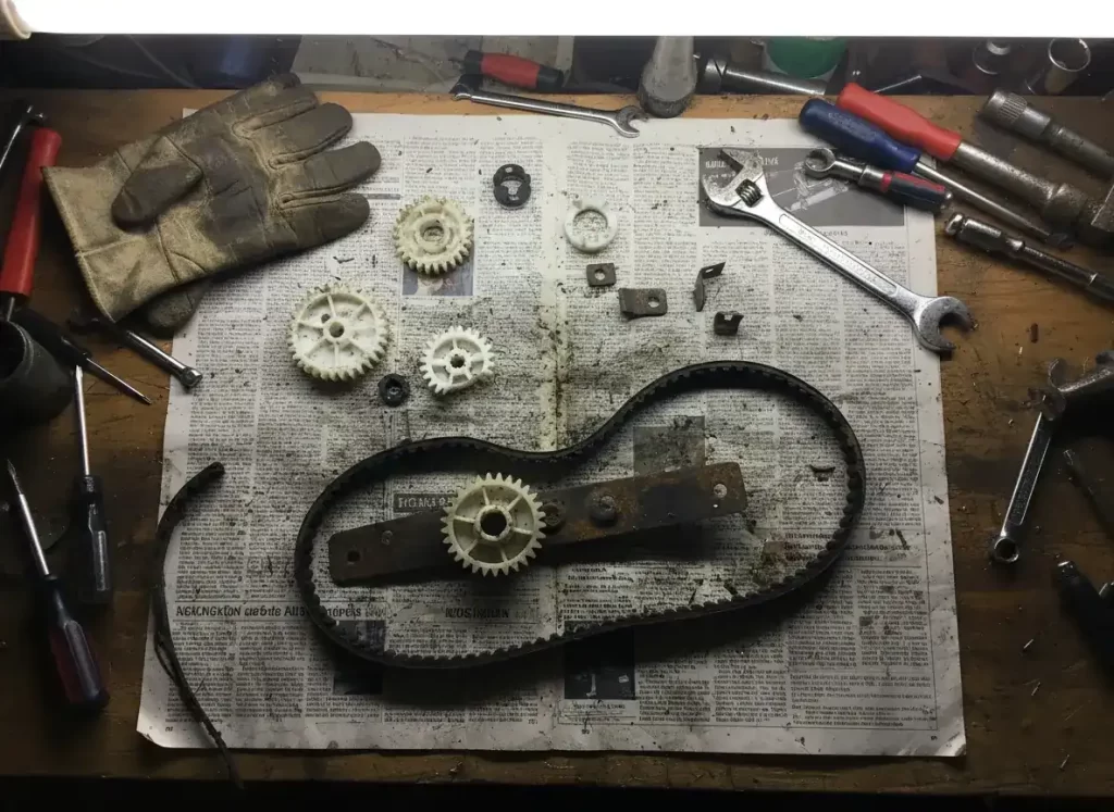 Failed self propelled lawn mower transmission and drive system components showing common reliability problems in budget brands