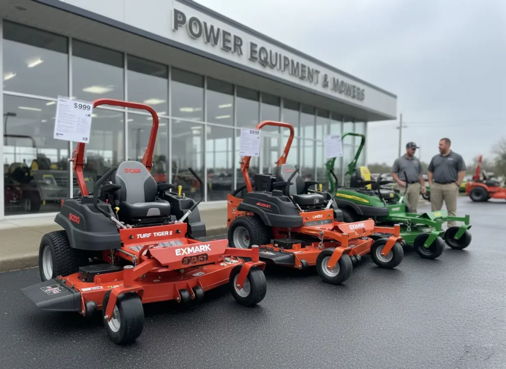 Commercial lawn mowers from Scag John Deere and Exmark displayed at dealer for comparison