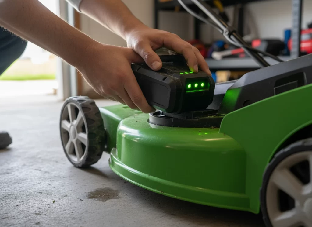 Battery powered lawn mower showing battery installation and contact points for spring maintenance check
