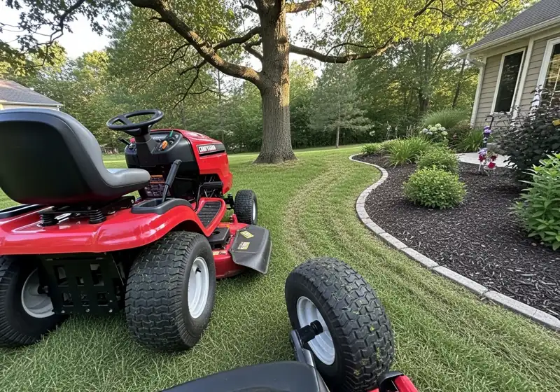 Craftsman YT3000 demonstrating tight turning radius around tree in residential yard
