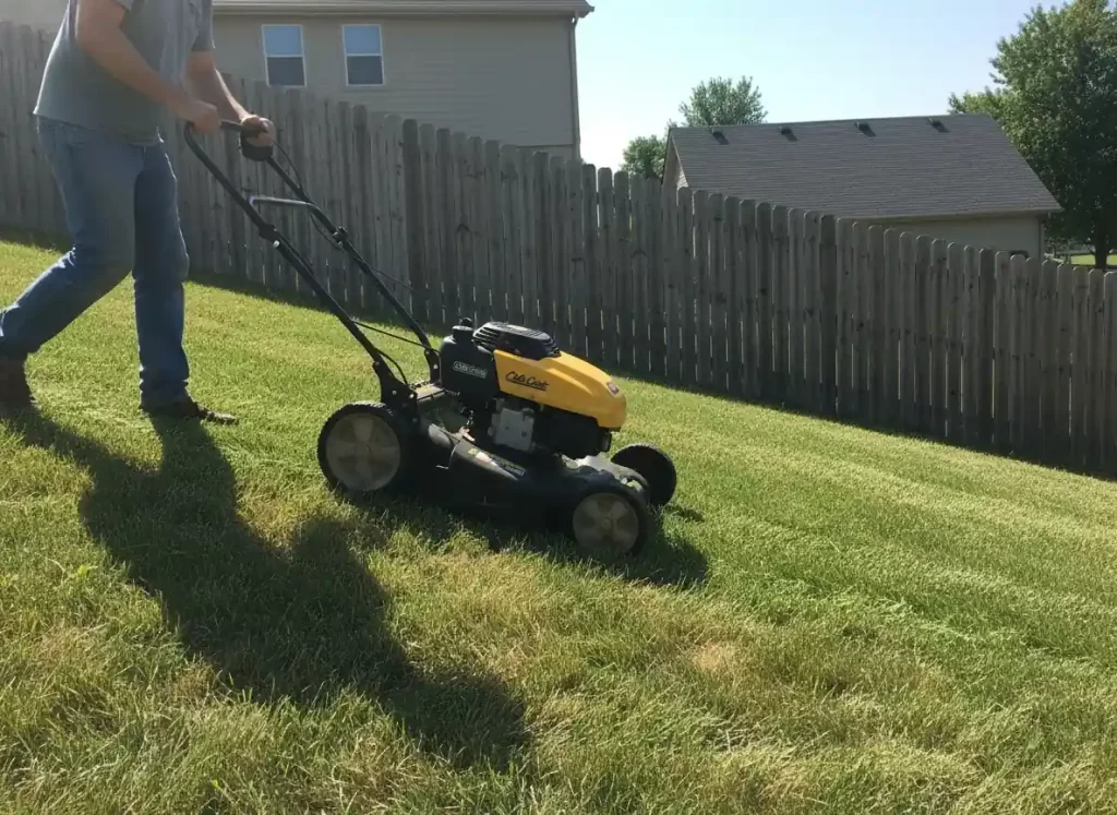 Cub Cadet SC 300 HW best self propelled mower for hills with high rear wheels on steep slope terrain showing traction