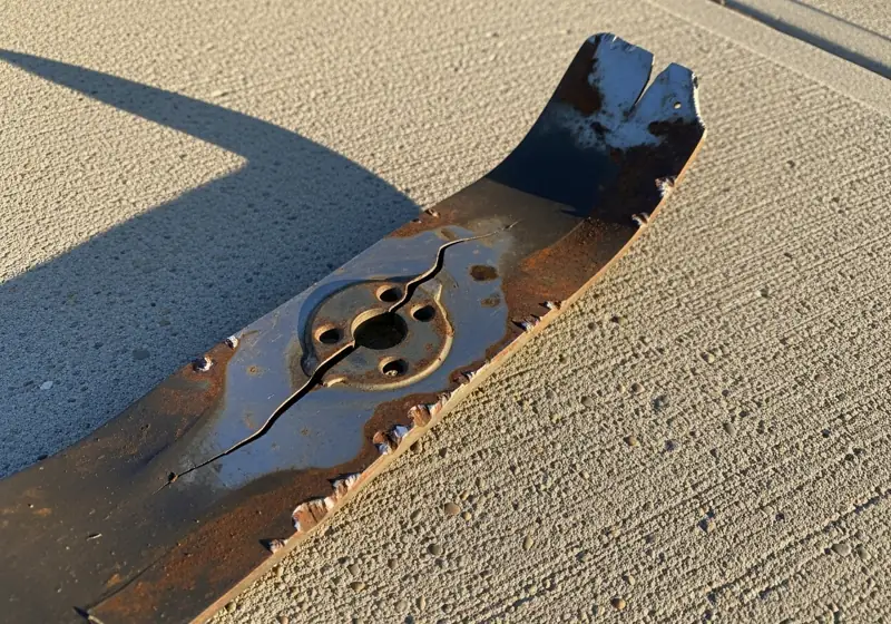 Close up of damaged zero turn mower blade showing crack near center hole, bent tip and worn edge indicating immediate replacement needed