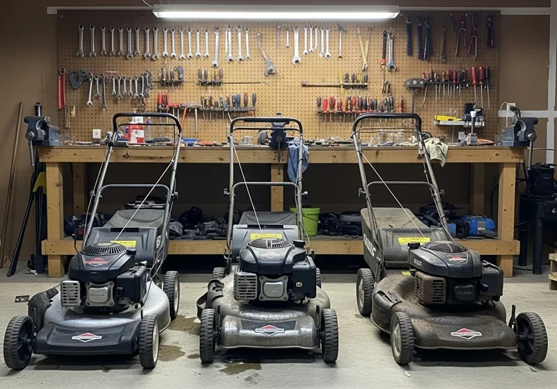 Multiple Briggs and Stratton push mower engines in home garage workshop