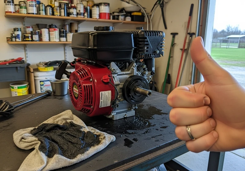 Before and after small engine repair showing transformation from broken dirty engine to clean working condition